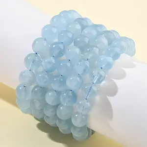 Natural Aquamarine Round Bead Stretch Bracelets for Men Women