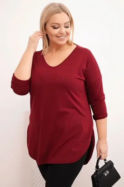 Kesi Dámska bavlnená blúzka Plus Size s V výstrihom a zrolovaným rukávom bordová