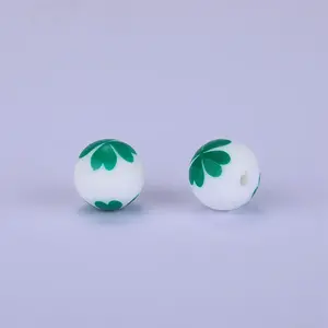Printed Round with Clover Pattern Silicone Focal Beads