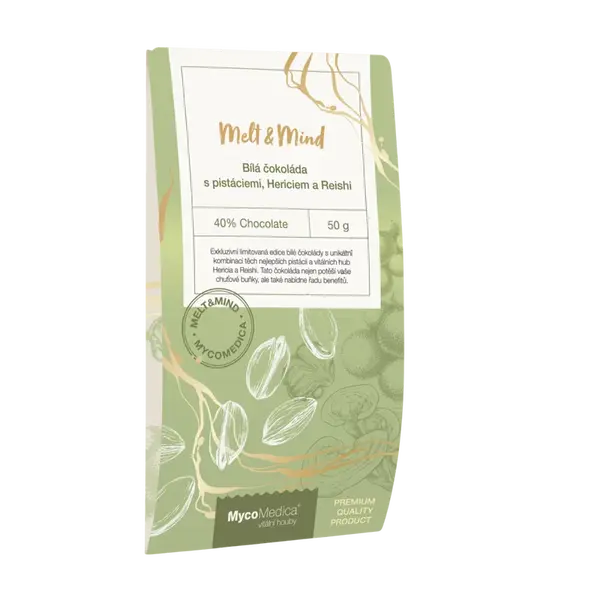 MYCOMEDICA Bílá čokoláda s pistáciemi, Hericiem a Reishi 50 g
