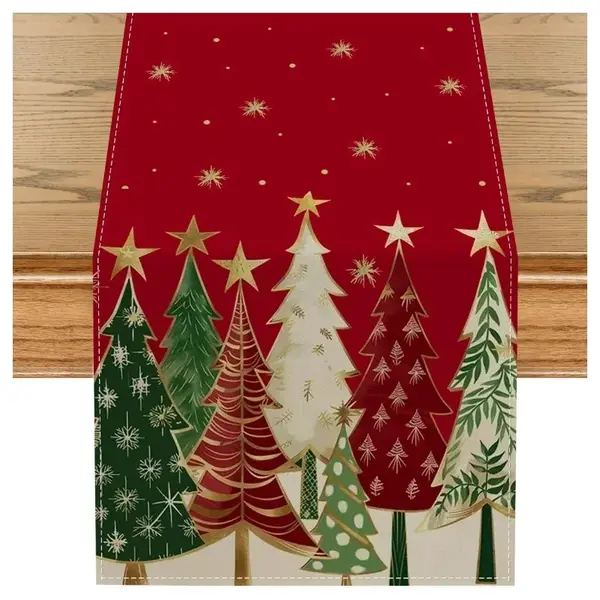 Lněný vánoční běhoun MAGIC TREES 33x180 cm, červený