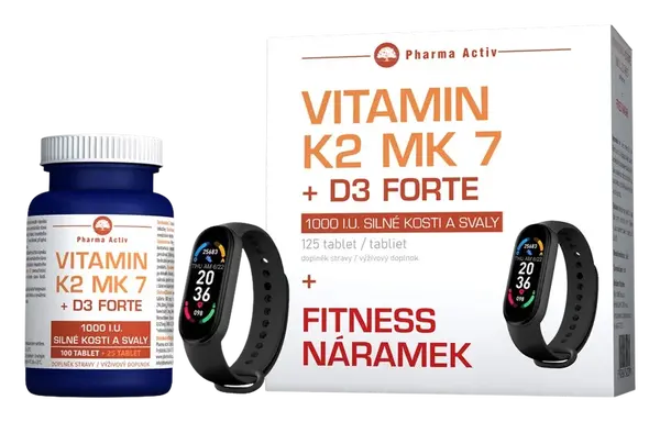 PHARMA ACTIV Vitamín K2 MK 7 + D3 Forte + Fitness náramek 125 tablet