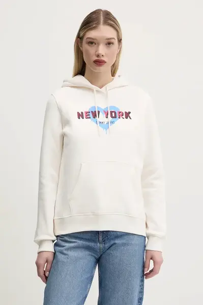 Mikina Tommy Jeans dámská, béžová barva, s kapucí, s potiskem, DW0DW21771