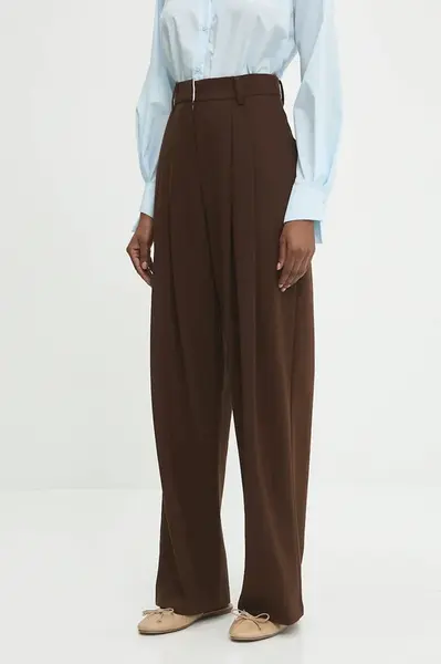 Kalhoty s vlnou Answear.LAB dámské, hnědá barva, široké, high waist