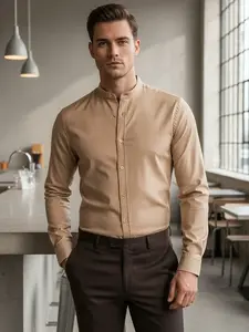 Koszula męska casualowa beżowa z stójką Dstreet