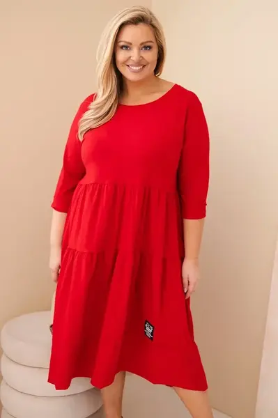 Kesi Włoski Dámská bavlněná šaty Plus Size s volány a ohrnutým rukávem červená