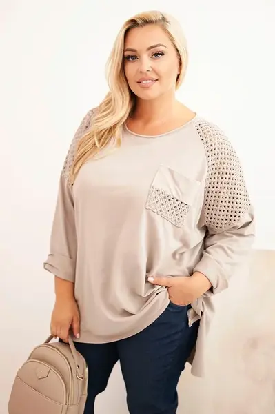 Kesi Włoski Dámská blůza Plus Size bavlněná s potiskem béžová