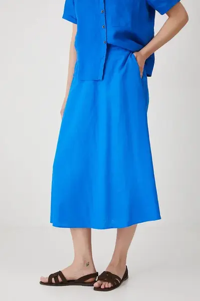 Lněná sukně Medicine modrá barva, midi, áčková