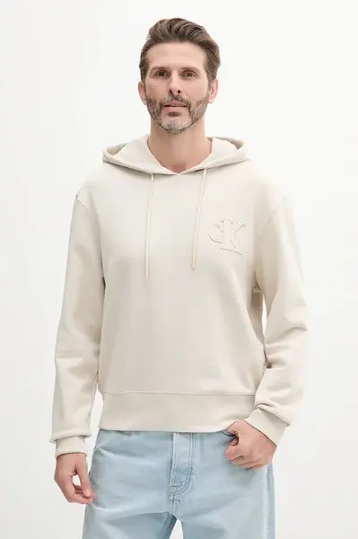 Bavlněná mikina Calvin Klein Jeans pánská, béžová barva, s kapucí, s aplikací, J30J327245