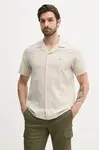Košile s příměsí lnu Tommy Hilfiger pánská, béžová barva, regular, MW0MW38564