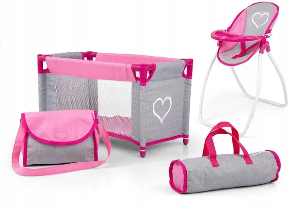 Sada pre bábiky 5v1, postieľka, stolička a hojdačka pre bábiky Elsa - sivá, ružová