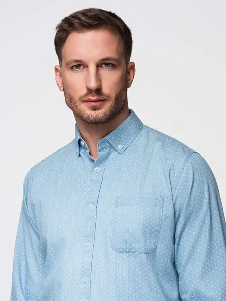 Ombre Men's patterned thin denim shirt with pocket - light blue