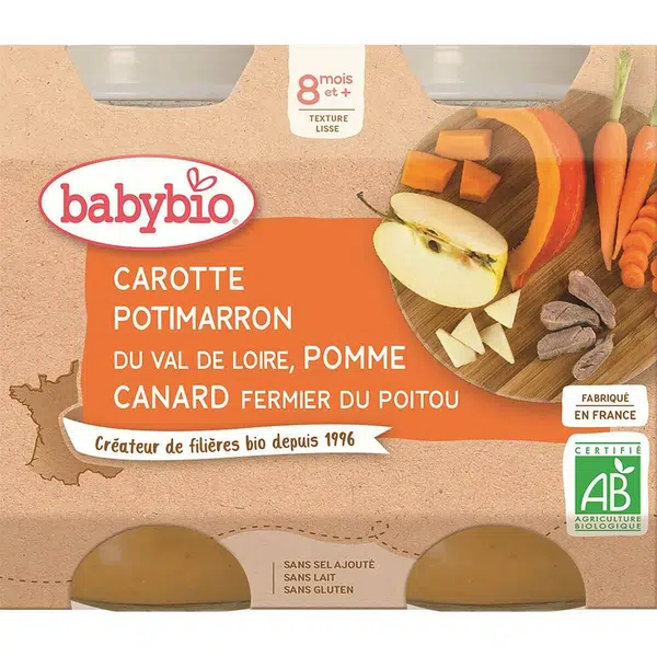 BABYBIO Denní menu Mrkev s dýní, jablkem a s kachním masem 2x200 g