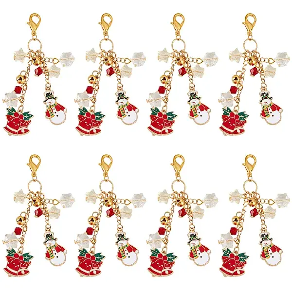 8Pcs Christmas Snowman & Christmas Bell Alloy Enamel Bookmarks Pendant Decoration