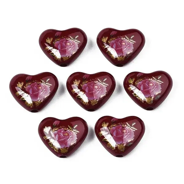 Flower Printed Opaque Acrylic Heart Beads