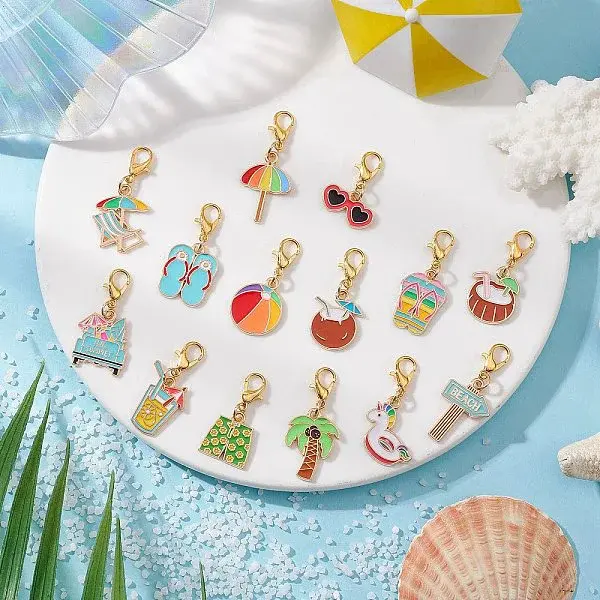 14Pcs Beach Theme Alloy Enamel Pendant Decorations