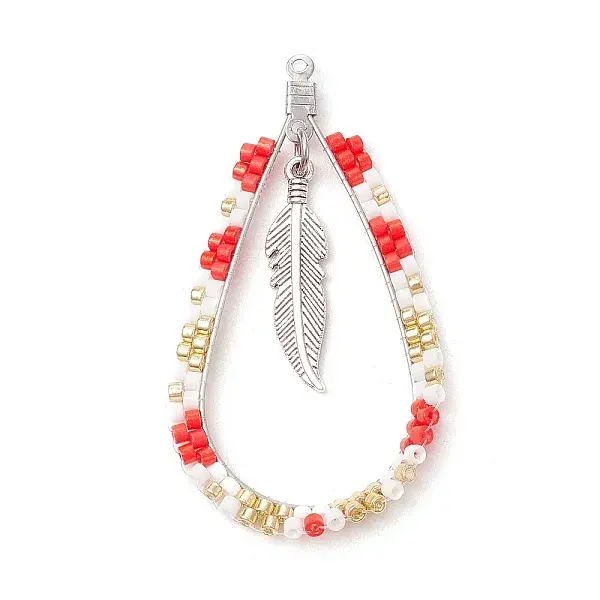 Bohemia Style Glass Seed Beaded Teardrop with Feather Pendants
