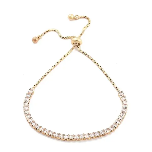 Brass Pave Clear Cubic Zirconia Square Box Chain Slider Bracelets