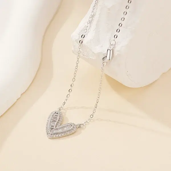 925 Sterling Silver Clear Cubic Zirconia Heart Pendant Cable Chain Necklaces for Women