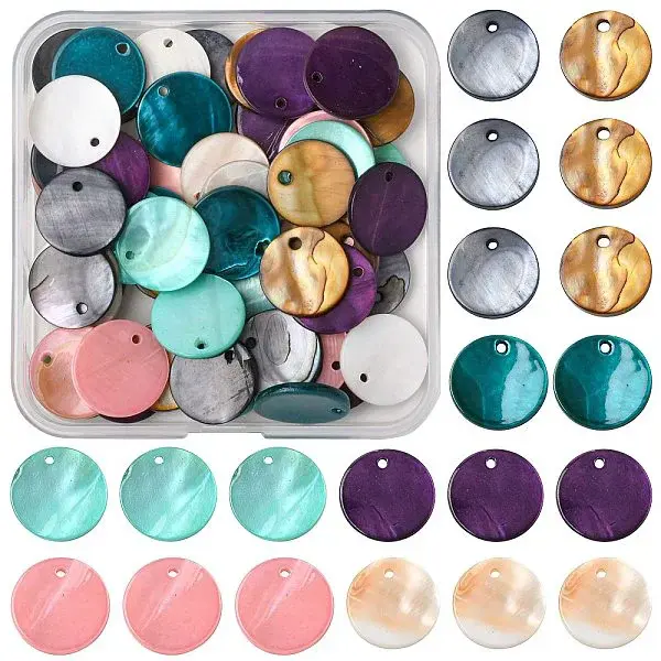 56Pcs 7 Colors Dyed Natural Flat Round Shell Pendants