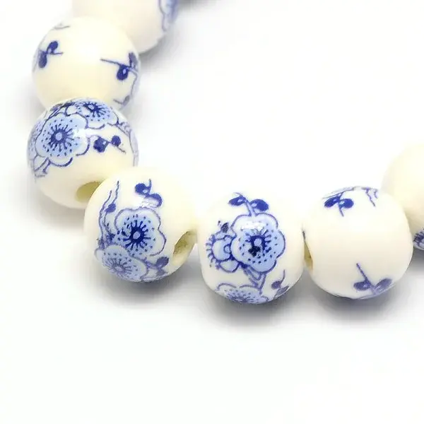 Handmade Flower Printed Porcelain Ceramic Beads Strands