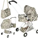 Skladací hlboký kočík pre bábiky s taškou – béžovo-šedý v hviezdičkách