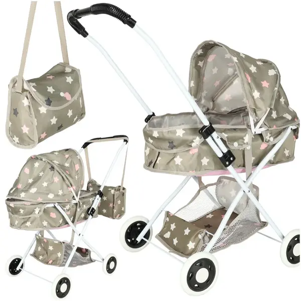 Skladací hlboký kočík pre bábiky s taškou – béžovo-šedý v hviezdičkách