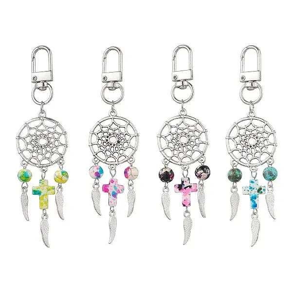 4Pcs Woven Net/Web with Wing Alloy & Synthetic Turquoise Cross Round Pendant Decoration