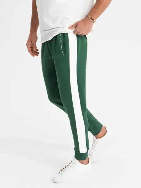 Ombre Men's sweatpants joggers with contrasting stripes - dark green