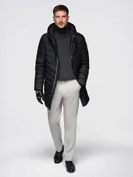 Ombre Men's long quilted jacket with natural filling - black