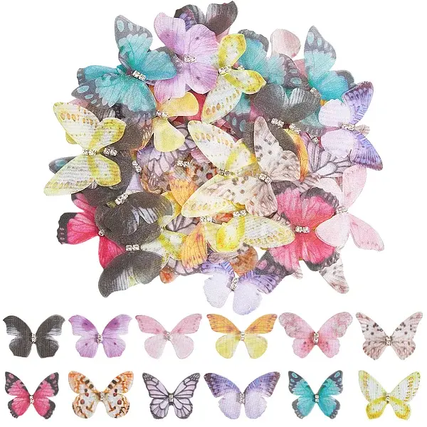 60Pcs 12 Styles 3D Gauze Butterfly Ornament Accessories