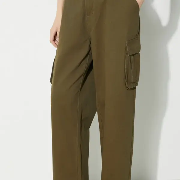 Bavlněné kalhoty Butter Goods Field zelená barva, kapsáče, high waist, BGQ1244602