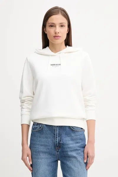 Bavlněná mikina Tommy Jeans dámská, bílá barva, s kapucí, s potiskem, DW0DW20943