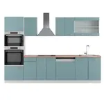 Vicco KUCHYŇSKÝ KOUT R-Line Modrošedá 300 cm s vysokou skříní, PD Dub