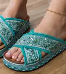 marka niezdefiniowana Green flip-flops with rhinestones on the straps Kelara