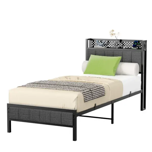 OKWISH KOVOVÁ postel 90/200 cm černá s úložným čelem postele a USB porty