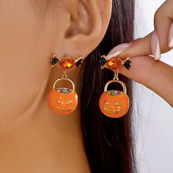 Halloween Pumpkin with Candy Zinc Alloy Enamel Dangle Stud Earrings