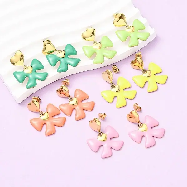 304 Stainless Steel Enamel Bowknot Stud Earrings