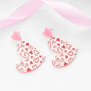 Valentine's Day Acrylic Heart Dangle Stud Earrings