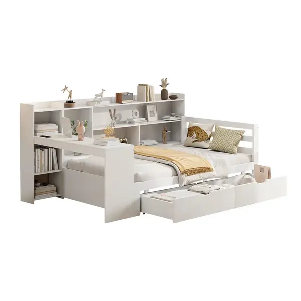 CHICFURN MULTIFUNKČNÍ POSTEL 90/200 cm v bílé barvě s psacím stolem, policemi, zásuvkami a USB