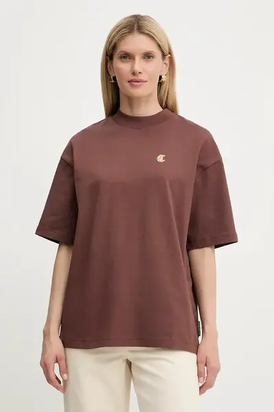 Bavlněné tričko Just Cavalli dámské, hnědá barva, 79PAHT06 CJ518