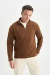 DEFACTO Brown Non-Pilling Cold-Proof Regular Fit Stand-Up Collar Zippered Polar Fleece Sweatshirt