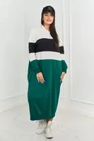 Three-color hooded dress ecru + black + dark green