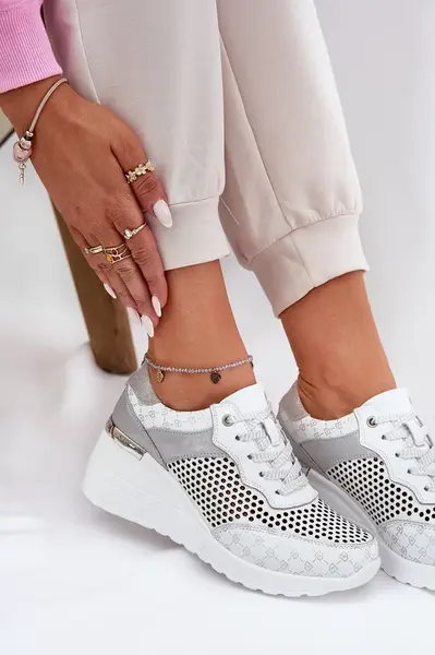 S. BARSKI Kožené Ažurové Sportovní Boty Sneakers Na Klínu Bílé S.Barski