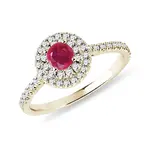 Diamantový halo prsten s rubínem ve žlutém zlatě KLENOTA