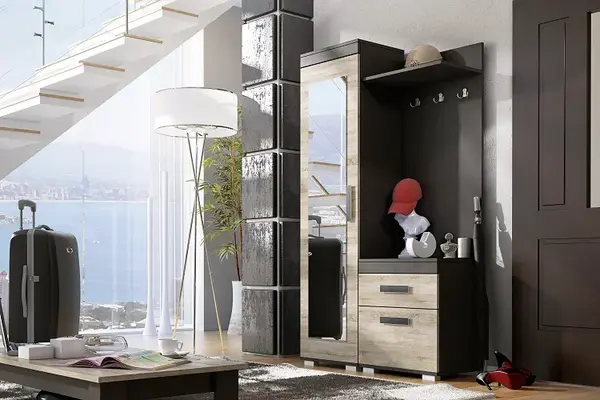 Předsíňová stěna P24 Economy levá Barva korpusu: Dub - canyon, Lišta: Wenge, Barva dvířek: Bílá