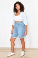 Trendyol Curve Blue Leg Tassel Detailed Stretchy Skinny Denim Shorts