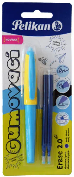Gumovací pero žluto modré,1 ks+2náplně