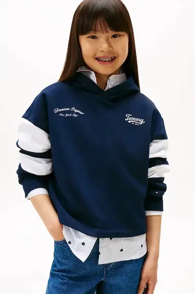 Dětská mikina Tommy Hilfiger tmavomodrá barva, s kapucí, s aplikací, KG0KG08687