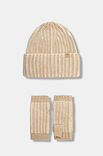 Čepice a návleky na ruce s příměsí vlny UGG CHUNKY béžová barva, 103605